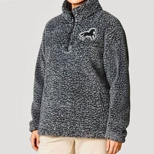 Sherpa Galloping Horse Embroidered  Pullover Charcoal Quarter Zip Jacket Sz L
